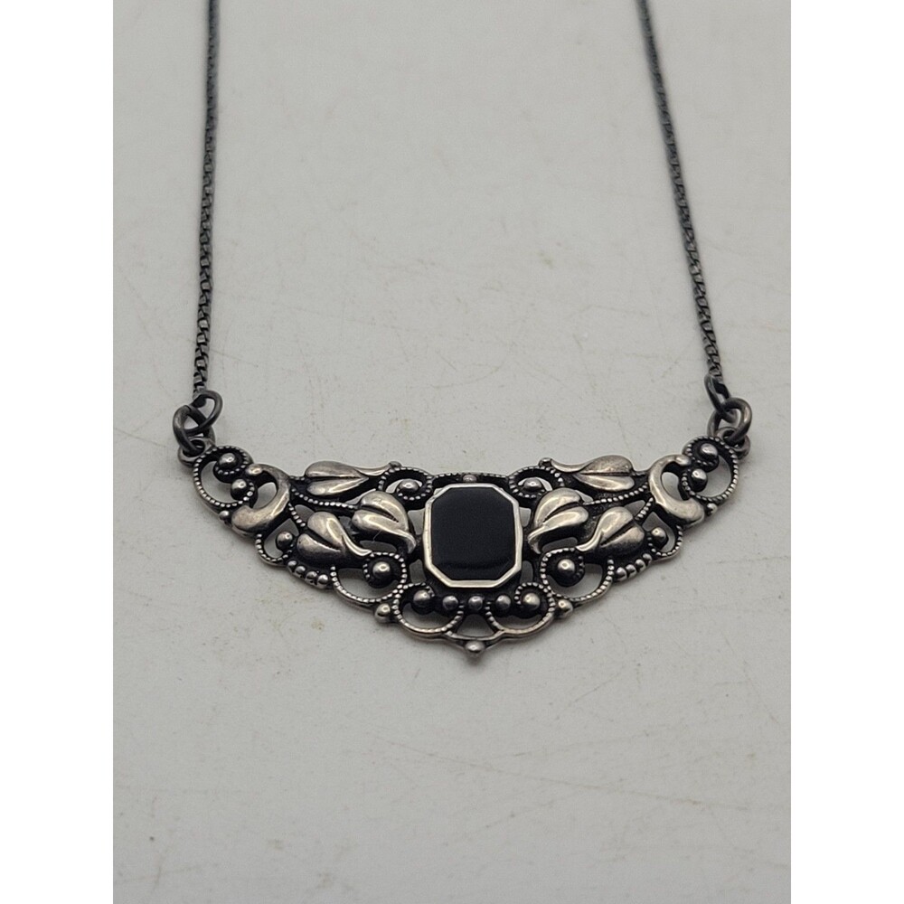 Vintage UNO 925 Sterling Silver Black Onyx Floral Necklace Ornate Italy 16 in